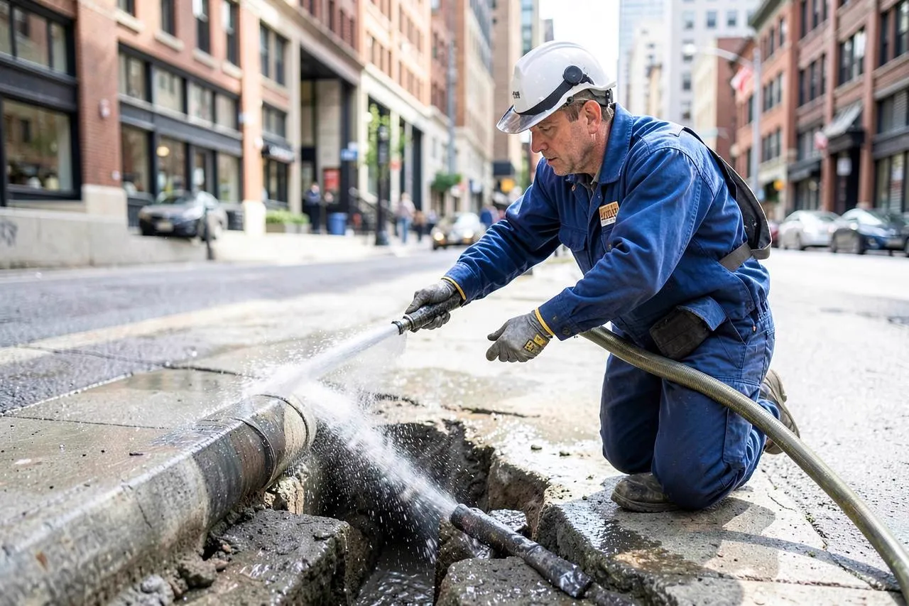 Operario realizando una limpieza de tuberías con agua a presión en la calle
