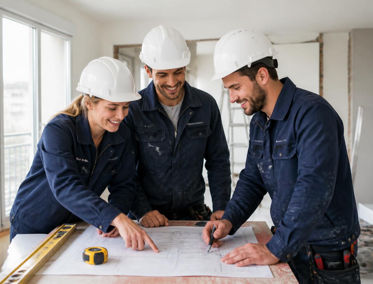 Equipo de profesionales de reformas revisando los planos de una vivienda en Badalona