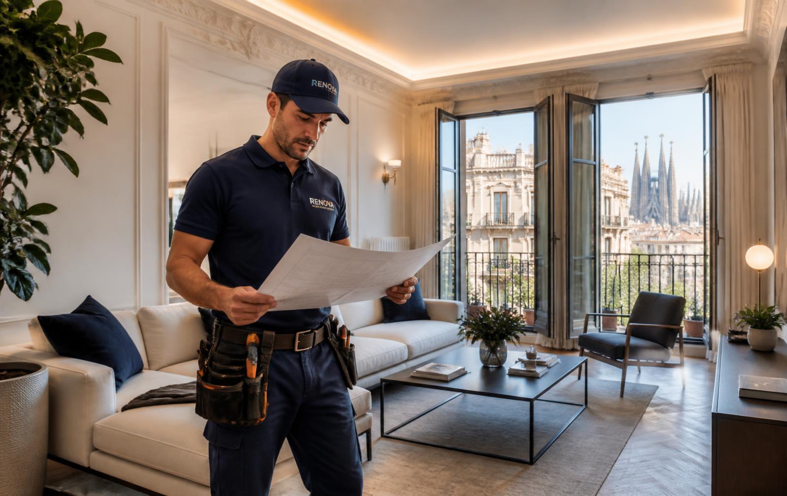 Profesional de reformas revisando planos en una vivienda reformada en Barcelona