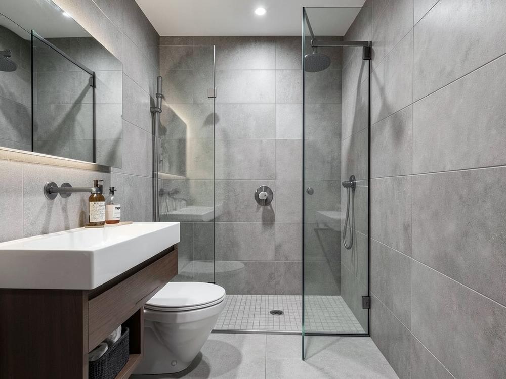 Baño reformado con plato de ducha y azulejo gris